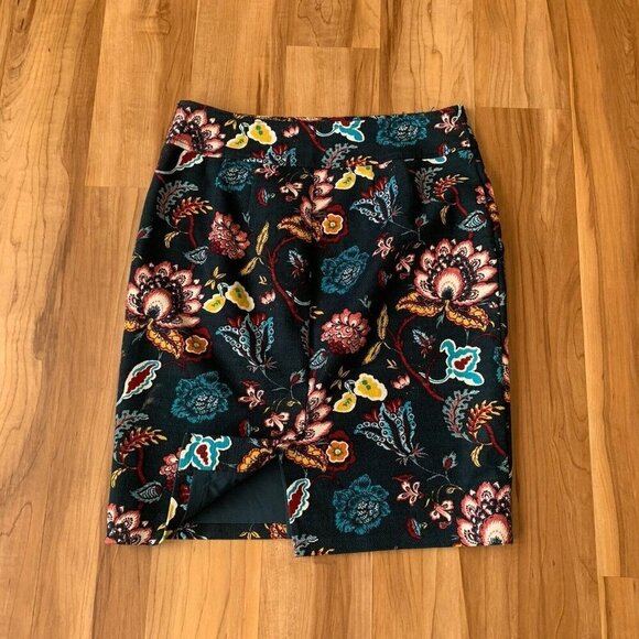 Loft Hunter Green Floral Textured Pencil Skirt Size 4 Pockets Cotton Lined - Picture 9 of 11